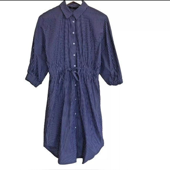 ZARA Preppy Shirt Dress long sleeve drawstring waist striped Size Medium - Picture 6 of 15